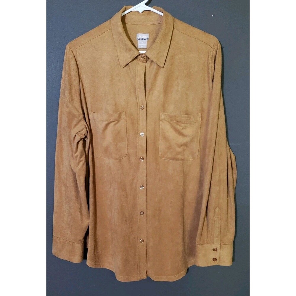 Chico's Size 2 (Large 12/14) Brown Faux Suede Button Front Shirt Top Pockets